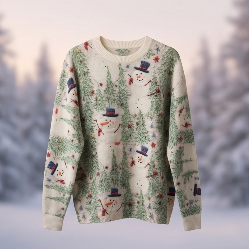 Whimsical Womens XL Snowman Pine Tree Christmas Sweater White Festive Holiday